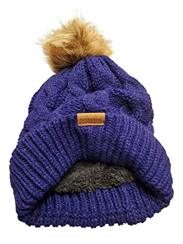 Novarena Thick Cable Knit Faux Fuzzy Fur Pom Fleece Lined Skull Cap Cuff Beanie - color: Navy Blue Pom Beanie