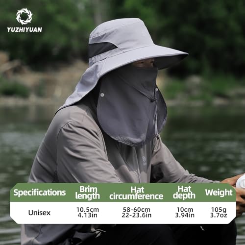 UPF 50+ Sun Hats for Men Women, Wide Brim & Face Neck Flap Fishing Hat, UV Protection Summer Hat for Fishing Hiking Outdoor - color: Light Gray