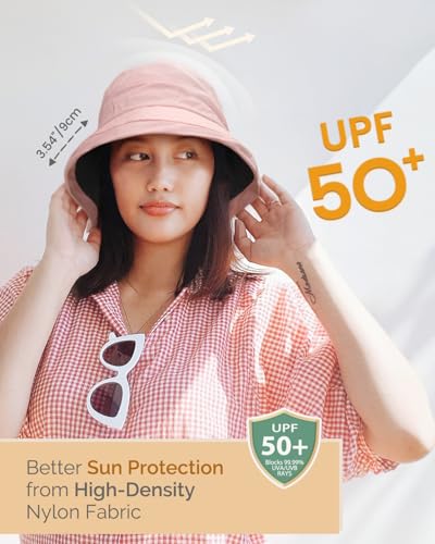 Bucket Sun Hat for Women, UPF 50+ Wide Brim, Packable, Waterproof Rain Hat for Hiking Outdoor Travel - color: Pink