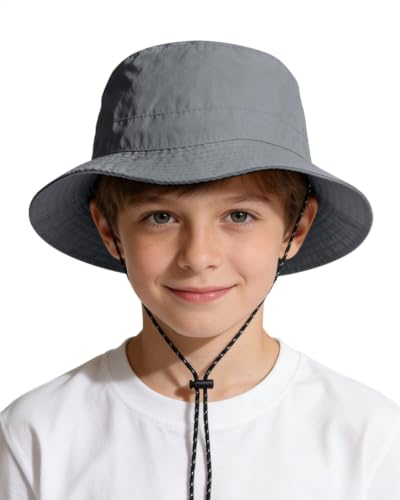 Kids UPF 50+ Waterproof Sun Hat, Packable Wide Brim Bucket Hat - color: Dark Grey