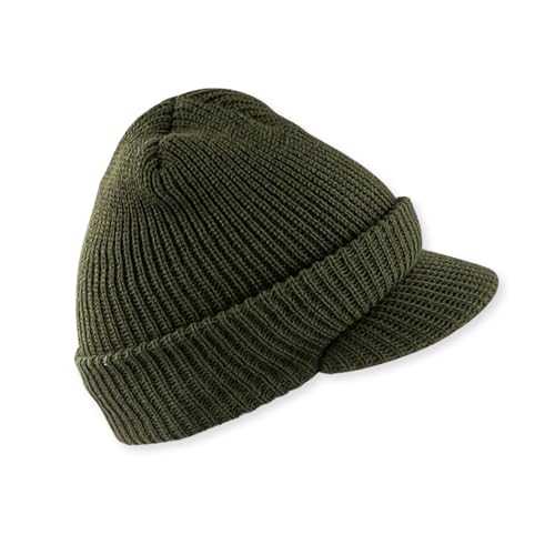 M MCGUIRE GEAR Genuine G.I. Winter Beanie Cap with Visor, 100% Wool Fitted Cap, Made in USA - color: Od Green
