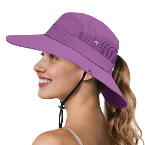 NPQQUAN Ponytail Sun Hats for Women UPF 50+ Wide Visor UV Protection Hat - color: Purple (Ponytail Hole)