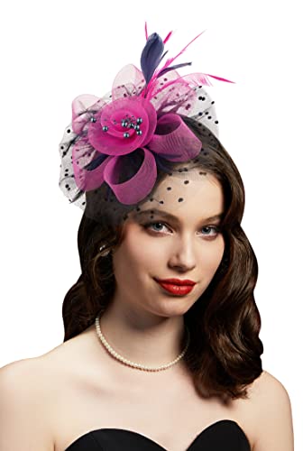 Kentucky Derby Fascinators for Women High Tea Party Hat Wedding Cocktail Flower Headware with Mesh and Feathers - color: Rose&navy