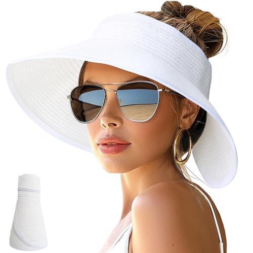 NPJY Sun Hats for Women Wide Brim Roll-Up Ponytail Packable Straw Visor - color: White