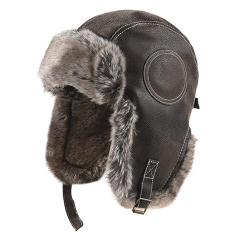 Faux Fur Winter Hat PU Leather Warm Earflap Trapper Hats for Men Women Russian Ushanka Hat Windproof Cycling Ski Cap - color: Brown
