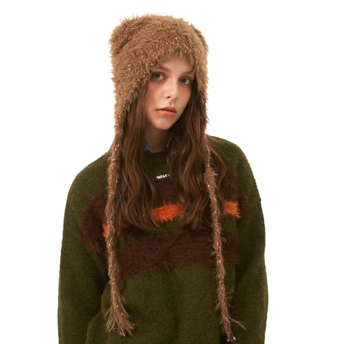 LumiSyne Winter Hat Cute Cat Ear Shape y2k Style Furry Knit Earflap Hat with Long Ear Straps Peruvian Cover Ear Beanie Hat - color: Coffee