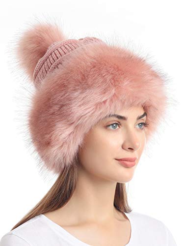 Soul Young Women's Faux Fur Hat Russian Cossack Knit Pompom Hat Ski Snow Cap for Winter Outdoor - color: Pink