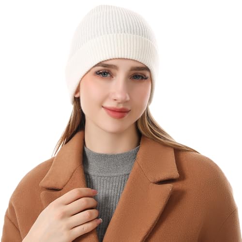 100% Cashmere Beanie for Women and Men, Soft Warm Winter Knit Hat - color: White