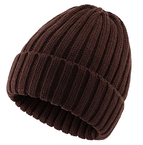 Connectyle Women's Rib Knit Cuffed Beanie Hat Stretch Acrylic Winter Hat Thick Warm Snow Ski Cap - color: Coffee