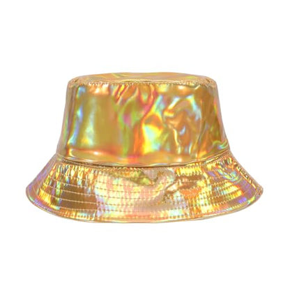 MILAKOO Rave Hologram Metallic Bucket Hat Reversible Cap Reflective Waterproof Rain Fisherman Hat - color: E: Gold