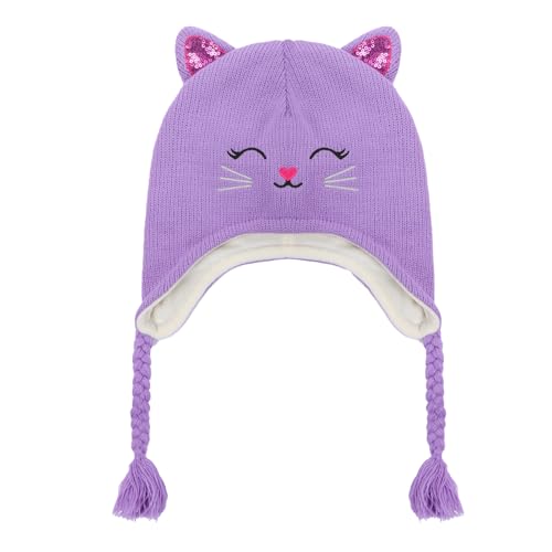 Toddler Girls Cat Ear Winter Hat Warm Knit Beanie Kids Earflap Cap for Cold Weather - color: Knitted Cat Purple
