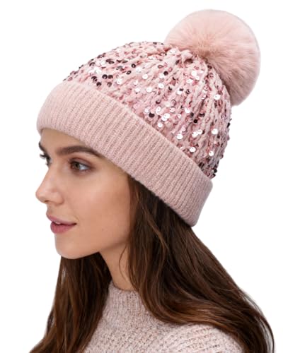 Women Sparkly Sequins Knitted Beanie Hat Warm Winter Skull Cap with Faux Fur Pom Pom - color: X Pink With Knit Cuffs