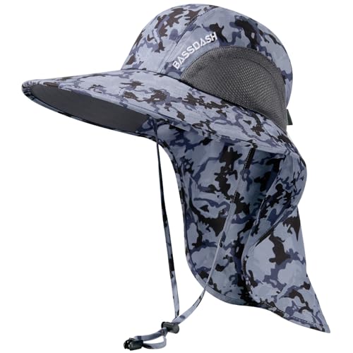BASSDASH UPF 50+ Unisex Water Resistant Wide Brim Sun Hat with Large Neck Flap Ponytail Fishing Hat for Men Women - color: Storm Camo