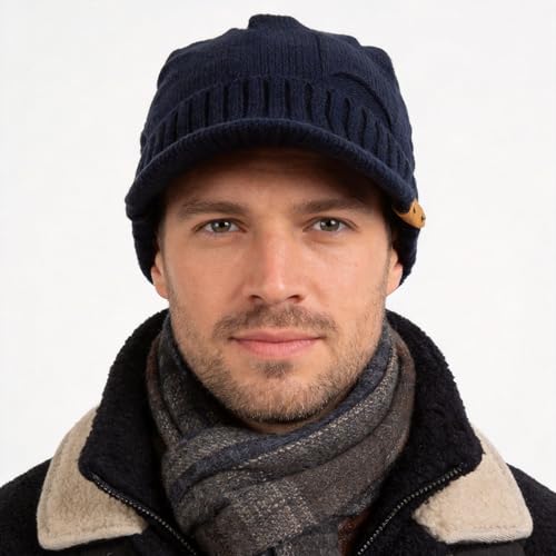 Winter Beanie with Visor - Stylish Knit Hat with Bill - Thick Brimmed Beanies with Fleece Lining Men and Women - color: B327-blue