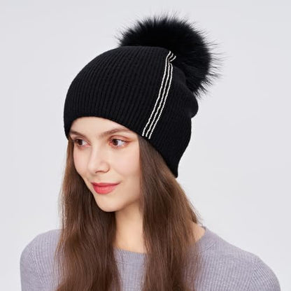 Women's Knitted Angora Wool Hat for Autumn and Winter Warm and Stylish with Rolled Brim and Slanted Rhinestones Cap - color: A-black