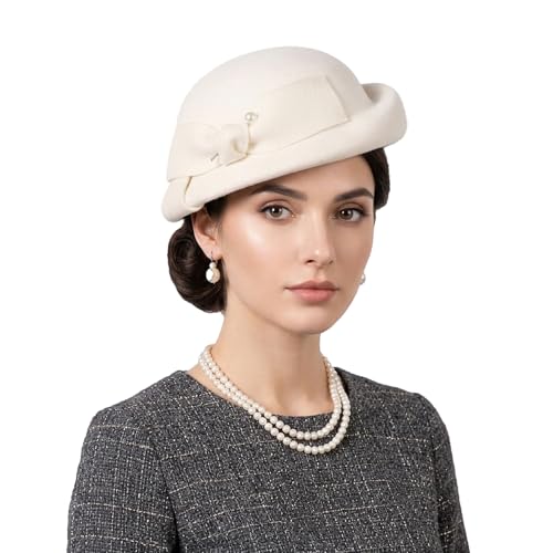 Vintage Wool Felt Cloche Bucket Bowler Hat Women Church Wedding Fascinator Formal Dress Hat Winter Fedoras - color: White