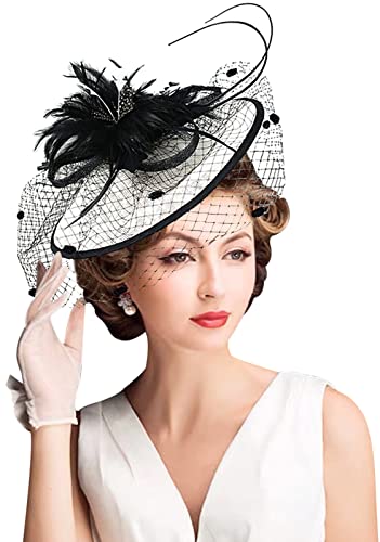 Z&X Sinamay Fascinator Hat Floral Feather Pillbox Derby Hats for Women Wedding Tea Party with Headband Clip - color: 002- Black and White