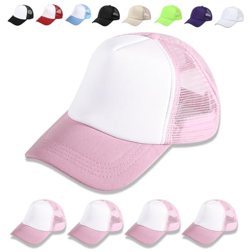 OKBA 5 Pack Sublimation Blank Baseball Cap Adjustable Hat Polyester Mesh Trucker Hats for Men and Women - color: 5pcs Pink and White Hat