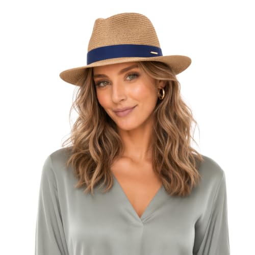 Straw Panama Hat for Men Women, Beach Sun Fedora Hat - color: Khaki-blue