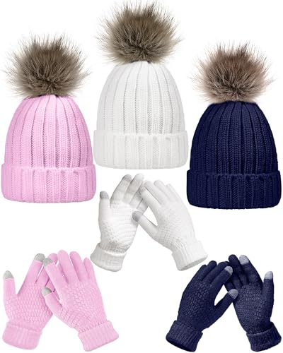 Haysandy 6 Pcs Winter Beanie Hat Gloves Set for Women Warm Knitted Hat Skull Cap with Pom Pom and Touchscreen Glove for Women - color: Navy Blue, White, Pink
