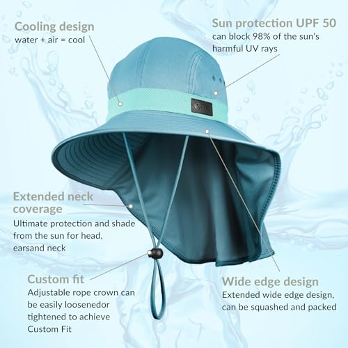 Sukeen Cooling Sun Hat for Men Women UPF50+ Wide Brim Fishing Hat with Neck Flap Adjustable Foldable Bucket Hat for Hiking - color: Light Blue
