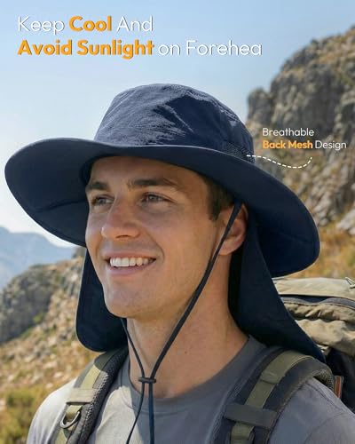 Sun Hats for Men Wide Brim Bucket Hat with Neck Flap for Fishing & Hiking Mens Sun Hat for UV Protection - color: Navy Blue