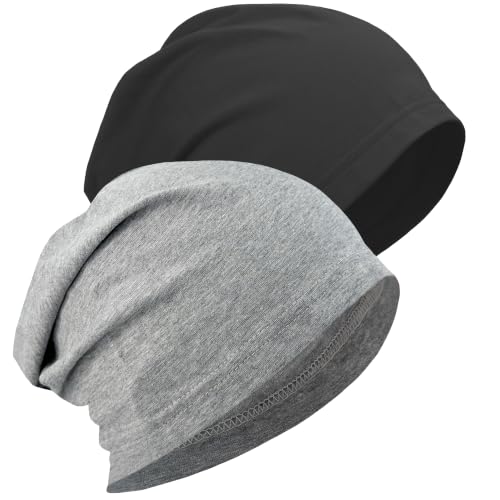 ROYBENS 100% Cotton Thin Slouchy Beanie Hat Women Men Lightweight Chemo Cap - color: 2pcs Black+light Grey