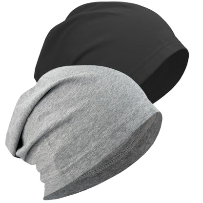 ROYBENS 100% Cotton Thin Slouchy Beanie Hat Women Men Lightweight Chemo Cap - color: 2pcs Black+light Grey