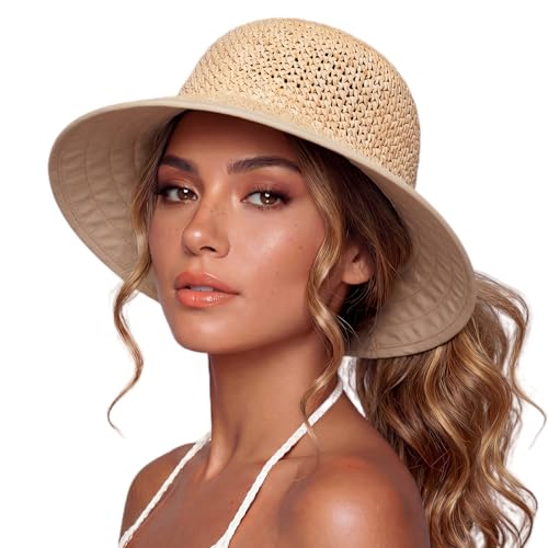 TOP-EX Summer Beach Straw Sun Hats for Women Cooling Ponytail Bucket Wide Brim Packable UV Protection Fashion Ladies M Natural