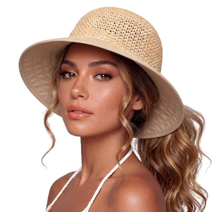 TOP-EX Summer Beach Straw Sun Hats for Women Cooling Ponytail Bucket Wide Brim Packable UV Protection Fashion Ladies M Natural