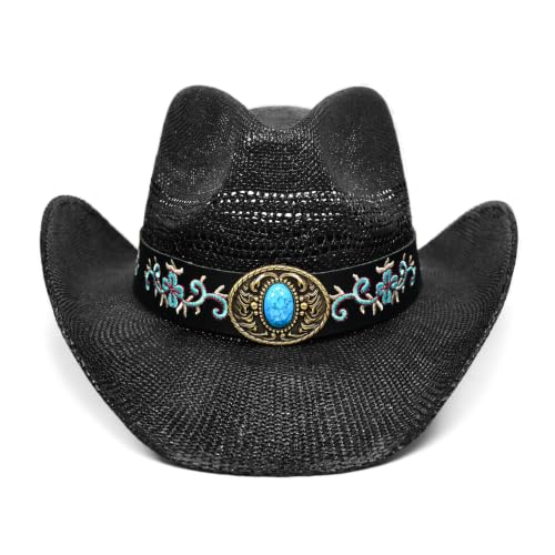 Keilin Cowboy Hats for Women and Men - Straw Teardrop Western Cowgirl Cowboy Sun Hat for Teens and Adults - color: Black Floral Turquoise Stone