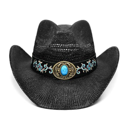 Keilin Cowboy Hats for Women and Men - Straw Teardrop Western Cowgirl Cowboy Sun Hat for Teens and Adults - color: Black Floral Turquoise Stone