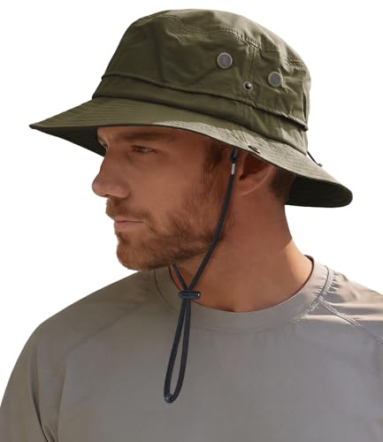 Hat Hut Mens Waterproof Bucket Rain Hat, UPF50+ Sun Hat, Wide Brim, Packable, All-Weather Outdoor Hiking Fishing Hats - color: Olive Green