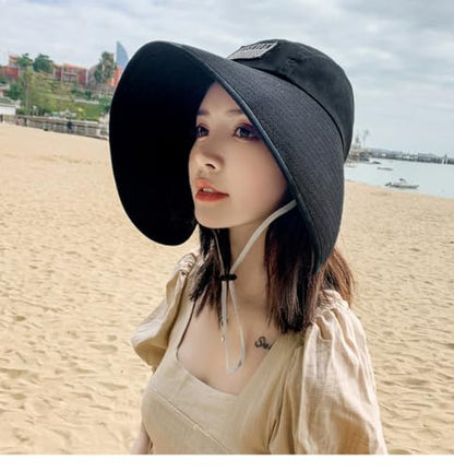 Women Floppy Sun Beach Hat Packable Wide Brim Bucket Hat UPF 50+ UV Protection Travel Beach Cap - color: Black