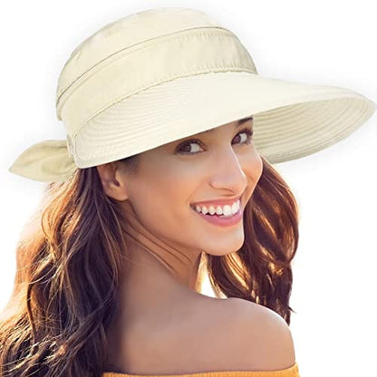 Womens Large Brim Sun Hat Uv Protection 2 in 1 Zip-Off Sun Protection Visor Beach Hat Packbale Foldable - color: Beige