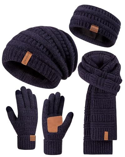 Womens Winter Beanie Hat Scarf Gloves Headband Set, Slouchy Beanie Ear Warmer Knit Scarf Touchscreen Gloves Warm 4 Gift Set - color: Navy