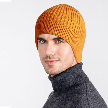 Heniho 2pcs Winter Beanies with Ear Flaps for Men Women, Warm Knit Earflaps Cap Thick Hats - color: E- Black, Yellow