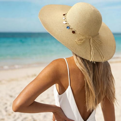 Women's Sun Straw Hat Wide Brim Floppy Foldable Hats Beach Travel Summer Vacation Hat UPF 50+ - color: Beige-shell