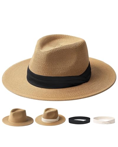 FURTALK Sun Hat Wide Brim Straw Fedora Panama Beach for Men Women - color: Black+white Ribbon, size: Medium-Large