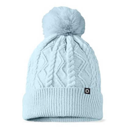 DALIX Cable Knit Pom Beanie Soft Stretch Skully Warm Fuzzy Faux Sherpa Winter Ski Beanie - color: Light Blue
