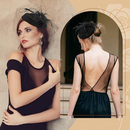Fascinator Hat Veil Feather Fascinator Tea Party Bridal Wedding Veil Retro Hat Pillbox Hat - color: Black
