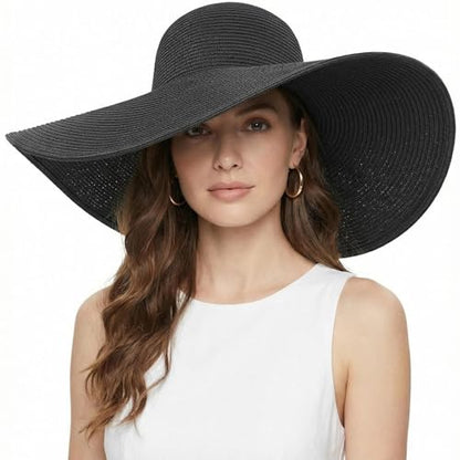 DRESHOW Big Straw Sun Hats for Women Floppy Foldable Roll up Beach Cap Sun Hat UPF 50+ Vacation Honeymoon Embroidered Hat - color: Aca Wire: Black