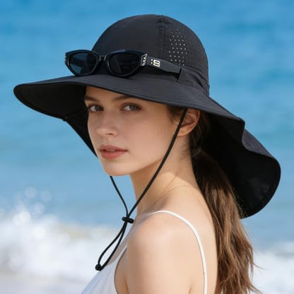Sun Hats for Men Women with Neck Flap UPF 50+ UV Protection Wide Brim Bucket Hat Safari Hiking Fishing Hats - color: Black