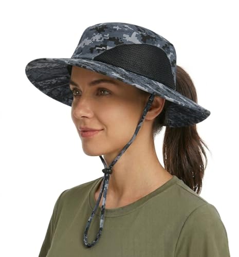 Tirrinia Sun Hats for Women, Wide Brim Hat with Ponytail Hole - color: Grey Digital Camo