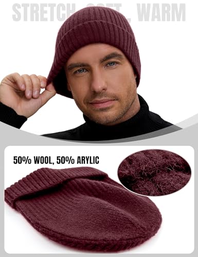 vidsel 50% Wool Double Cuff Beanie Hat for Men Women, Warm Winter Knit Cap - color: Burgundy