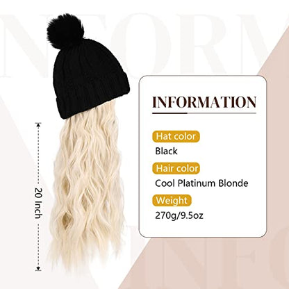Flufymooz Beanie Wig, Hat Hair Extension Long Wavy Curly Black Hat Wig with Faux Fur Pom, Attached 20 Inch Synthetic Hairpiece for Women Girls Winter （Cool Platinum Blonde - color: Black Hat-cool Blonde, size: 20 Inch