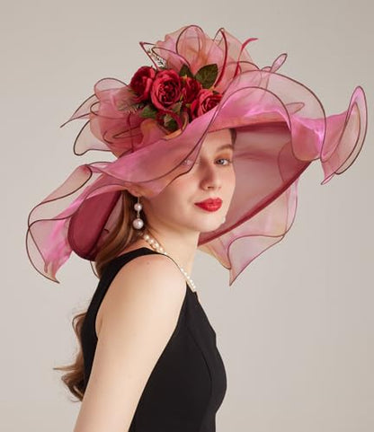 Women Derby Church Hat Organza Flower Wedding Tea Party Fascinator Wide Brim Sun Hat - color: 13-sunset Red