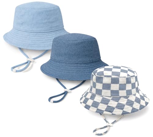 Baby Sun Hat Infant Toddler Summer Cotton Yarn Bucket Hat for Boys Girls - color: Light Blue & Denim Blue & Blue Checkered -3pcs, size: 6-24 Months