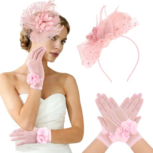 Fascinator Hat and Lace Gloves Set for Women Vintage Derby Tea Party Headpiece with Feather - color: Pink