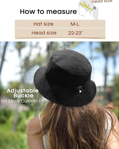 FURTALK Bucket Hats for Women Washed Cotton Packable Summer Beach Sun Hats Bucket Hat with Strings for Travel - color: Black